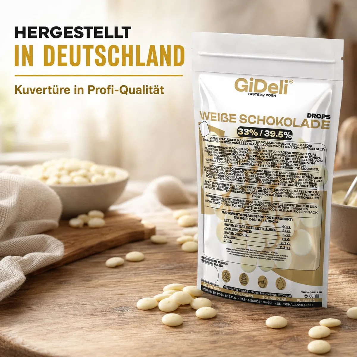 GiDeli Weiße Schokolade Drops 3x5kg - Kuvertüre mit Kakaobutter & 33% Kakao - Backschokolade zum Schmelzen - Einfache Dosierung - Ideal für Pralinen, Ganache & Schokoladenfondue