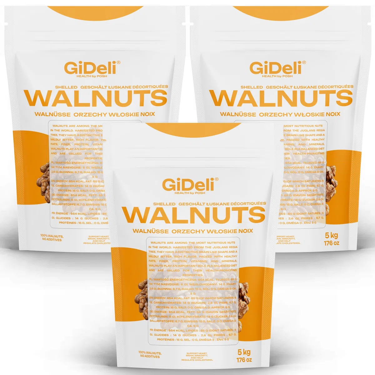 GiDeli Walnusskerne Ganz 3 x 5 kg Beutel - Walnüsse Geschält, Ungesalzen