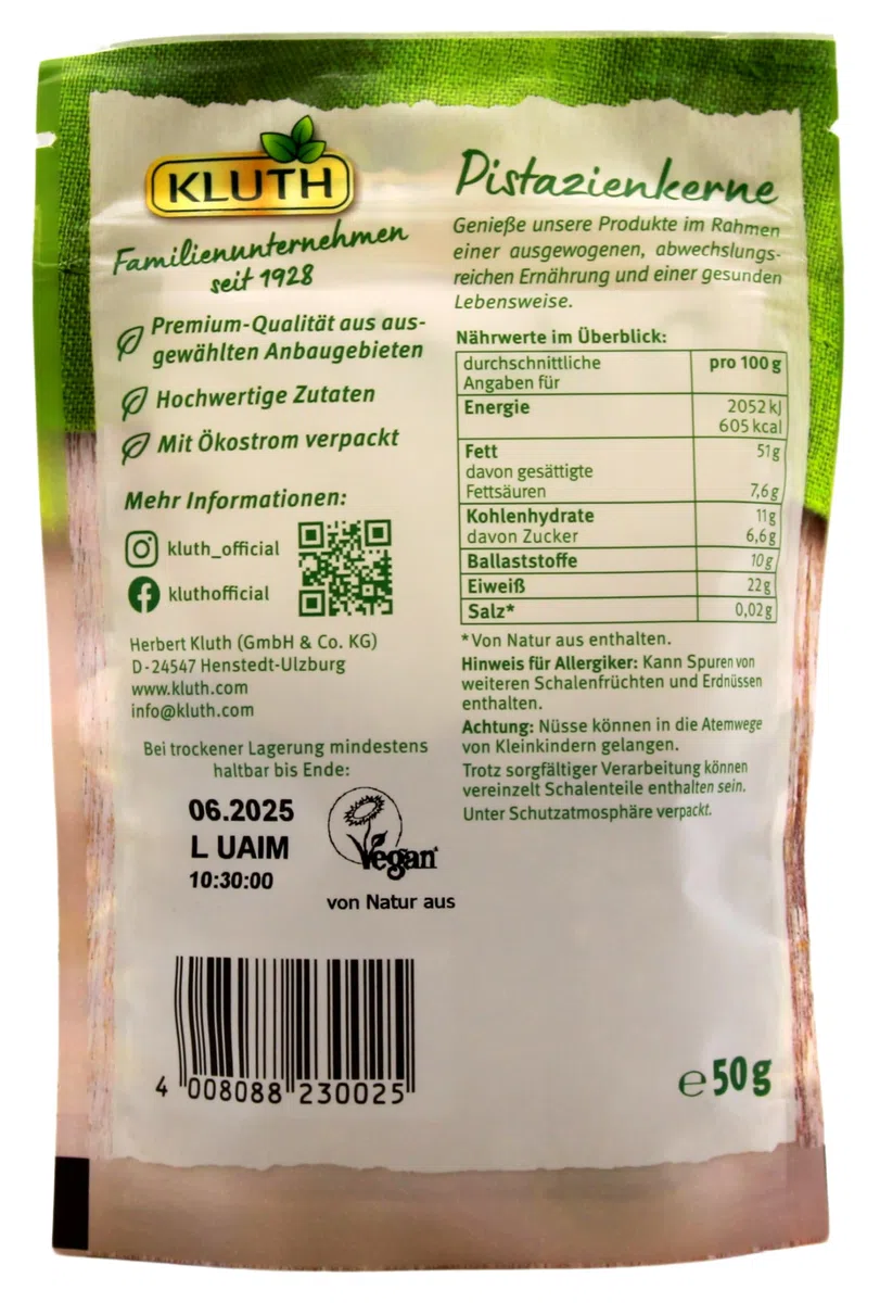 Kluth Pistazienkerne extra grün, 18er Pack (18 x 50g)