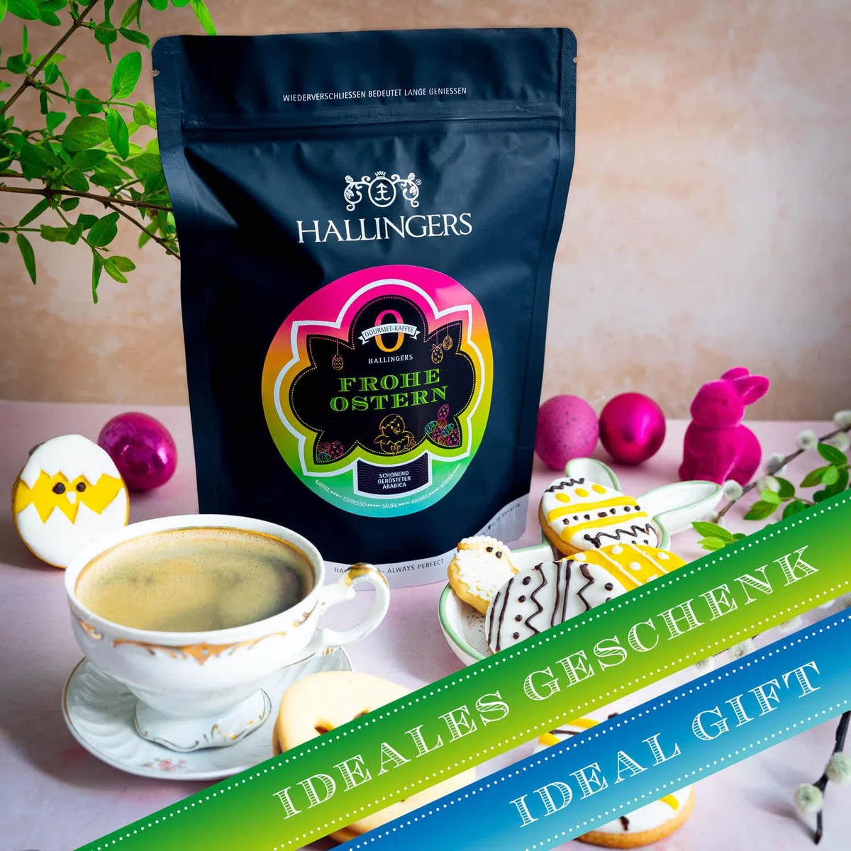 Hallingers Genuss Manufaktur Edel-Kaffee Oster-Geschenk-Set - schonend langzeitgeröstet bei niederen Temperaturen 10x "No. O Frohe Ostern", Ostern Körbchen für Frauen Männer