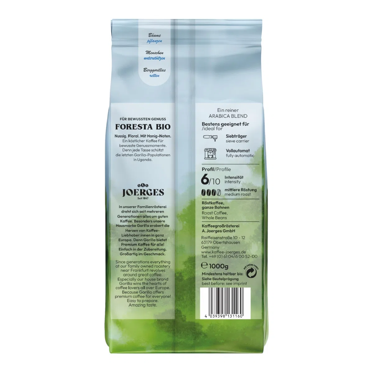 Joerges Gorilla Foresta Kaffee 12x 1000g ganze Kaffeebohnen Qualitäts-Kaffee Arabica Blend | Siebträger Vollautomat Großverpackung