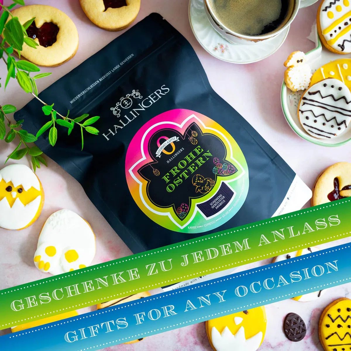 Hallingers Genuss Manufaktur Edel-Kaffee Oster-Geschenk-Set - schonend langzeitgeröstet bei niederen Temperaturen 10x "No. O Frohe Ostern", Ostern Körbchen für Frauen Männer