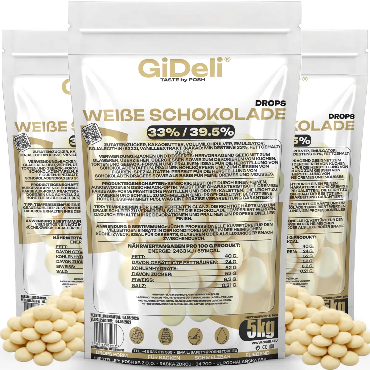 GiDeli Weiße Schokolade Drops 3x5kg - Kuvertüre mit Kakaobutter & 33% Kakao - Backschokolade zum Schmelzen - Einfache Dosierung - Ideal für Pralinen, Ganache & Schokoladenfondue