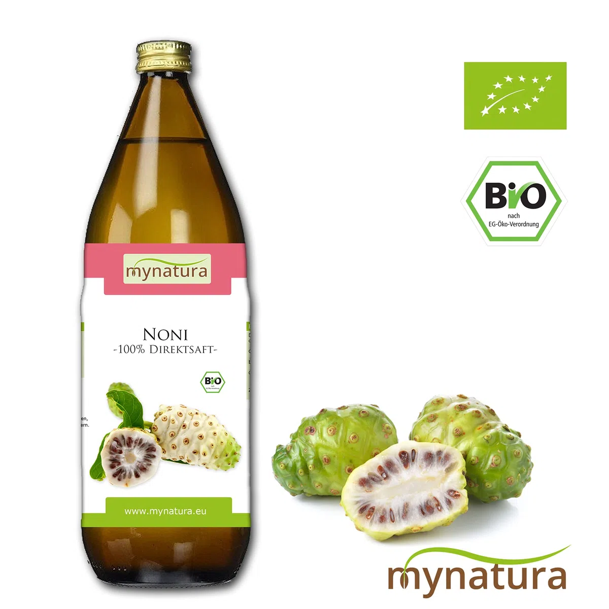 Mynatura Bio Noni-Saft 6x 1 Liter Glasflasche I Noni Direktsaft I 100% pflanzlich I Ohne Zusätze I Fruchtsaft aus Morinda citrifolia L. (6 x 1L Flasche)