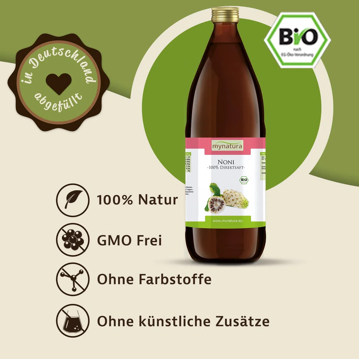 Mynatura Bio Noni-Saft 6x 1 Liter Glasflasche I Noni Direktsaft I 100% pflanzlich I Ohne Zusätze I Fruchtsaft aus Morinda citrifolia L. (6 x 1L Flasche)