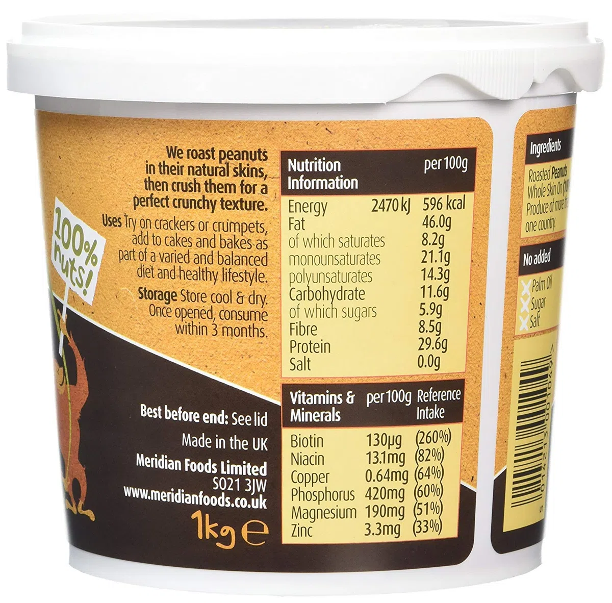 Meridian Erdnussbutter Bio, ohne Zusatz von Salz, 1 kg, 4 Stück