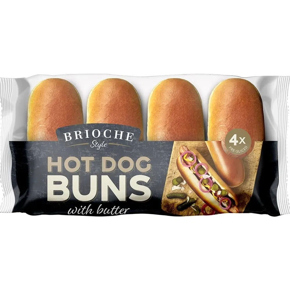 Brioche Style Hot Dog Brötchen, 192 Stück Vorgeschnitten, mit Butter verfeinert, 48 x 4er Pack à 240g,