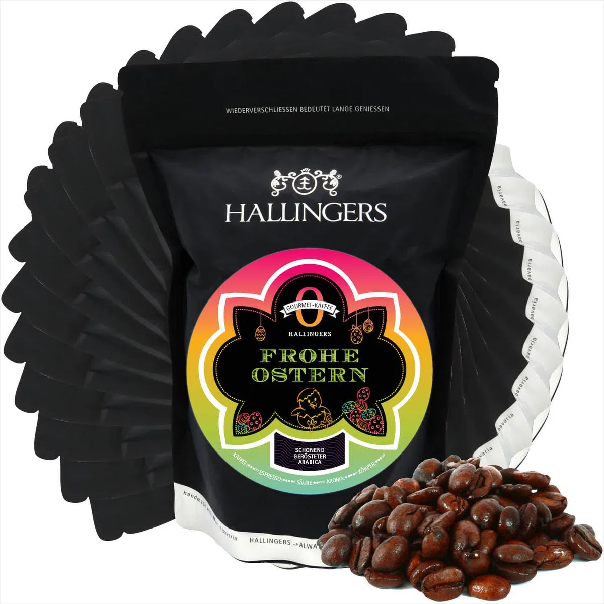 Hallingers Genuss Manufaktur Edel-Kaffee Oster-Geschenk-Set - schonend langzeitgeröstet bei niederen Temperaturen 10x "No. O Frohe Ostern", Ostern Körbchen für Frauen Männer